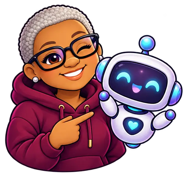 Illustration of Kendra winking and pointing, with her friendly robot sidekick